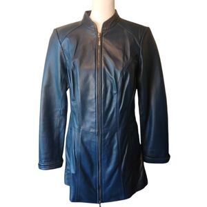 D&Co denim and Co blue Napa  leather ladies jacket. Mint condition size XS .